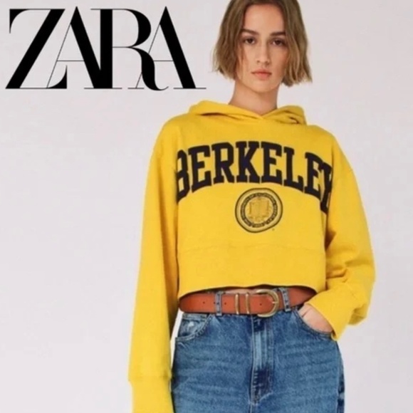 ZARA BERKELEY Cotton Graphic Cropped Hoodie in Golden Yellow US Sz M - Picture 1 of 10